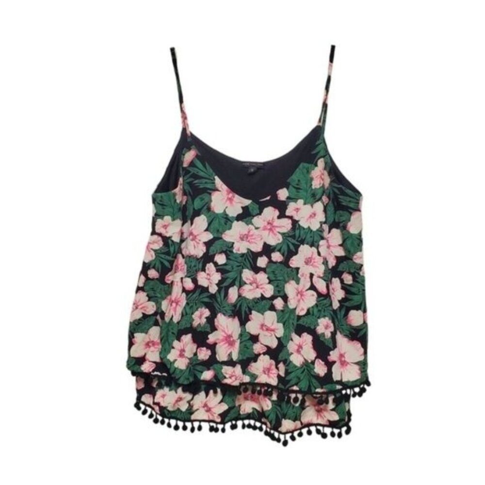 Tropical Boho Tank With Pom Pom Fringe Layered Ruffles